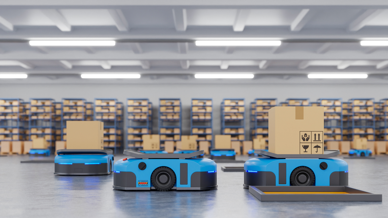 Robotic AGV moving goods through an automated manufacturing logistics workflow