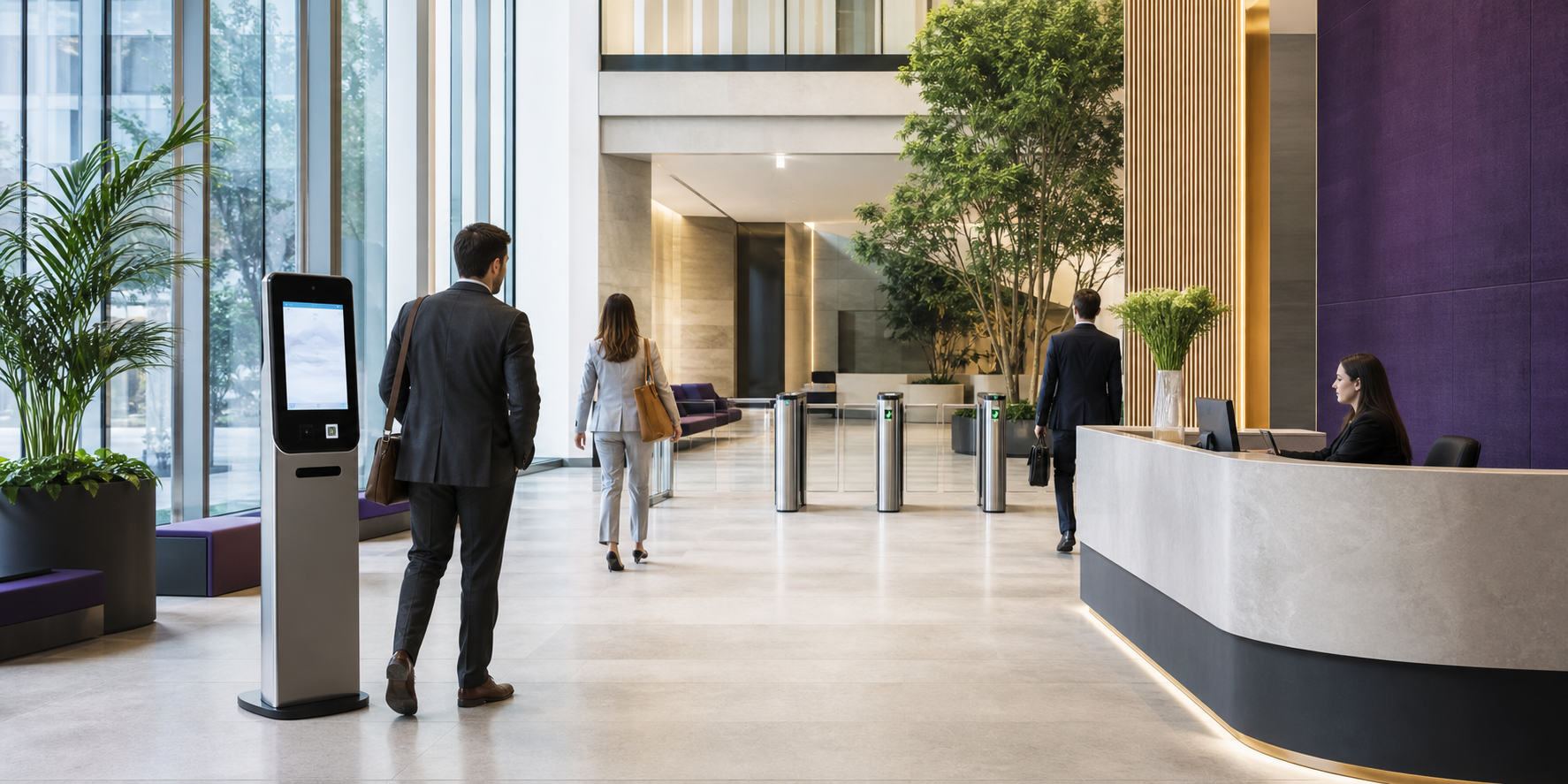 Commercial building lobby with visitor kiosk, reception, and turnstile access