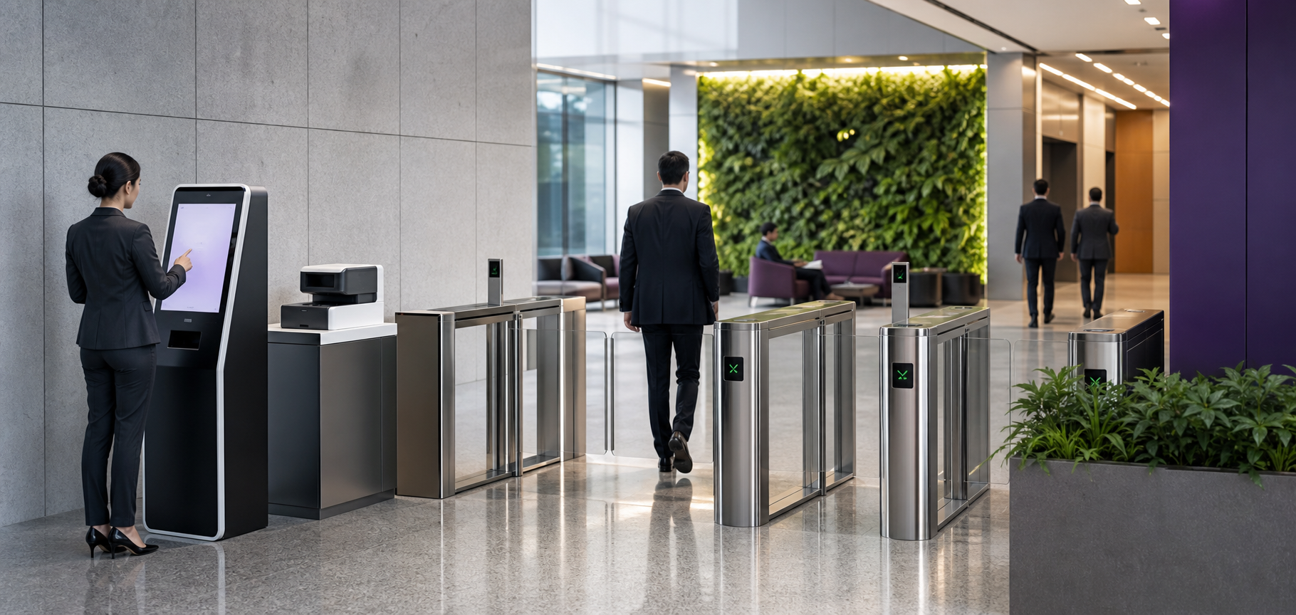 Enterprise office lobby with visitor kiosk, access gates, and lift lobby