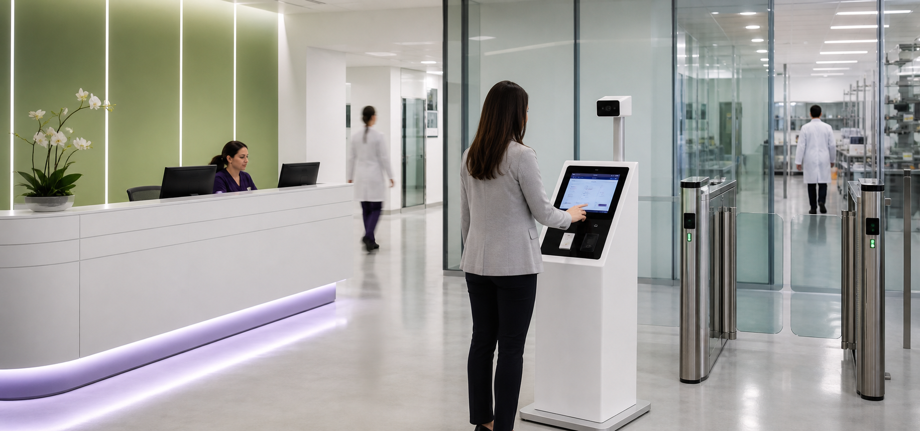 Healthcare and life science reception with visitor kiosk and controlled access
