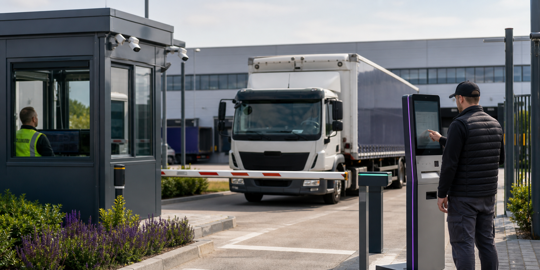 Industrial guardhouse with delivery vehicle, barrier gate, and visitor kiosk