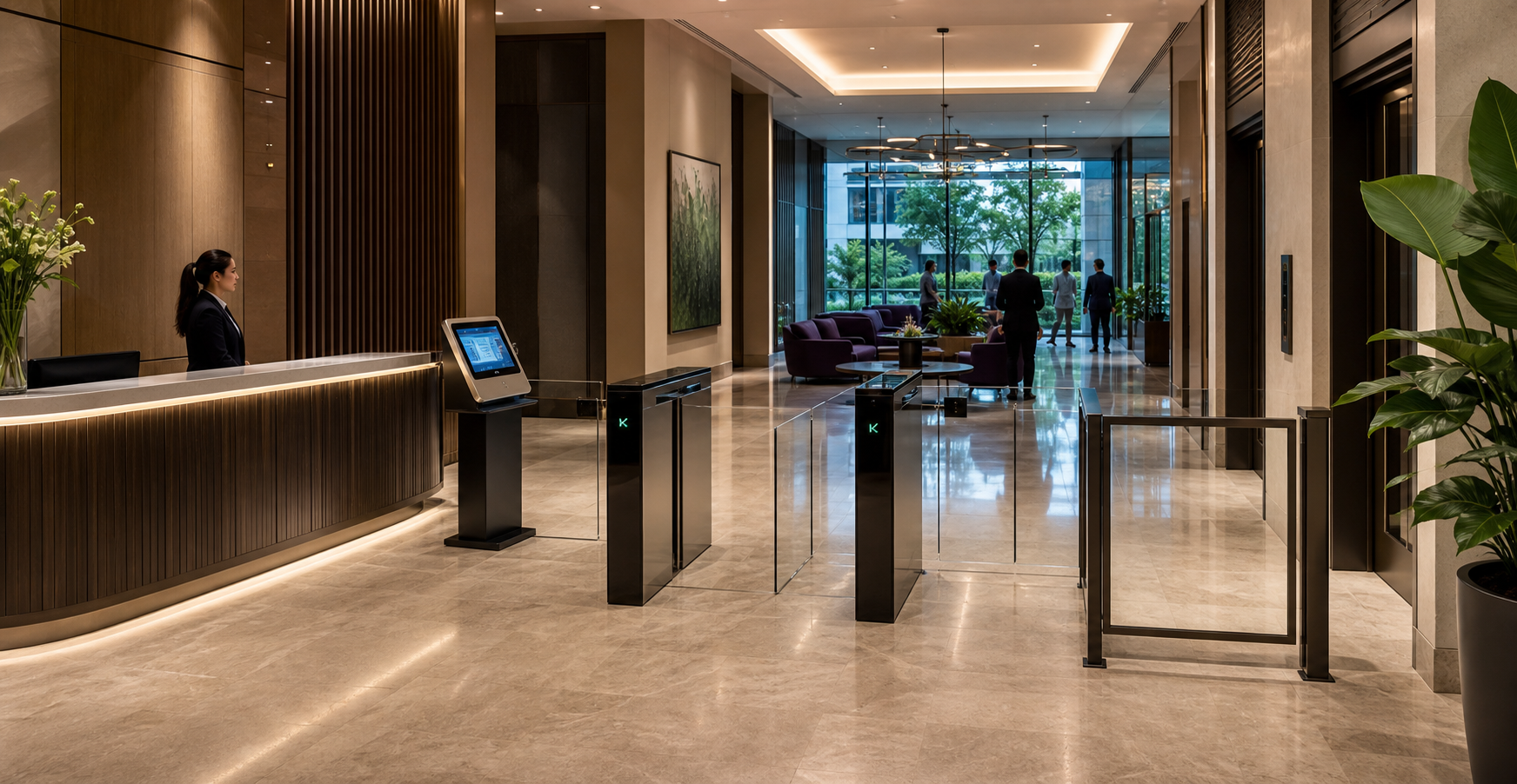 Residential and facility operations lobby with concierge, visitor kiosk, and access gates