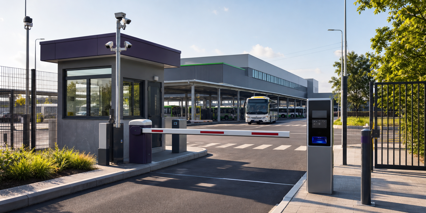Transport depot security entrance with guardhouse, barrier, vehicle lane, and kiosk