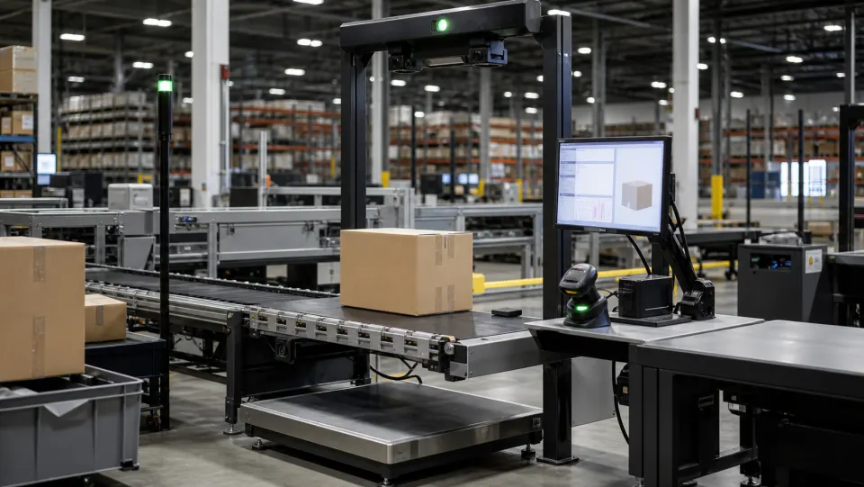 Logistics dimensioning and weighing station with scale, conveyor, sensor bar, scanner, and parcels