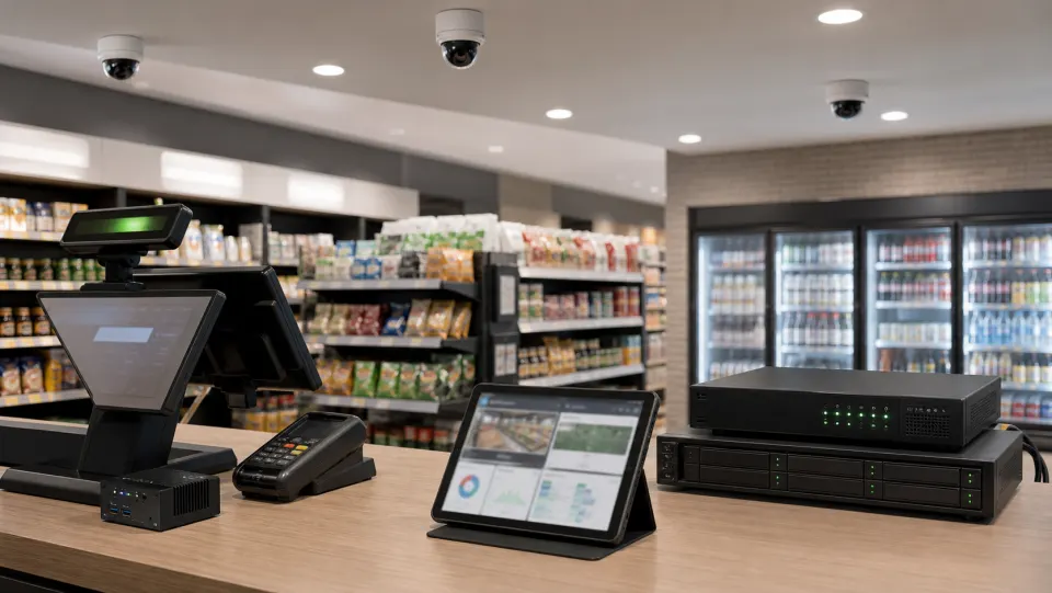 Retail video analytics devices including CCTV camera, POS terminal, edge AI box, recorder, and manager tablet