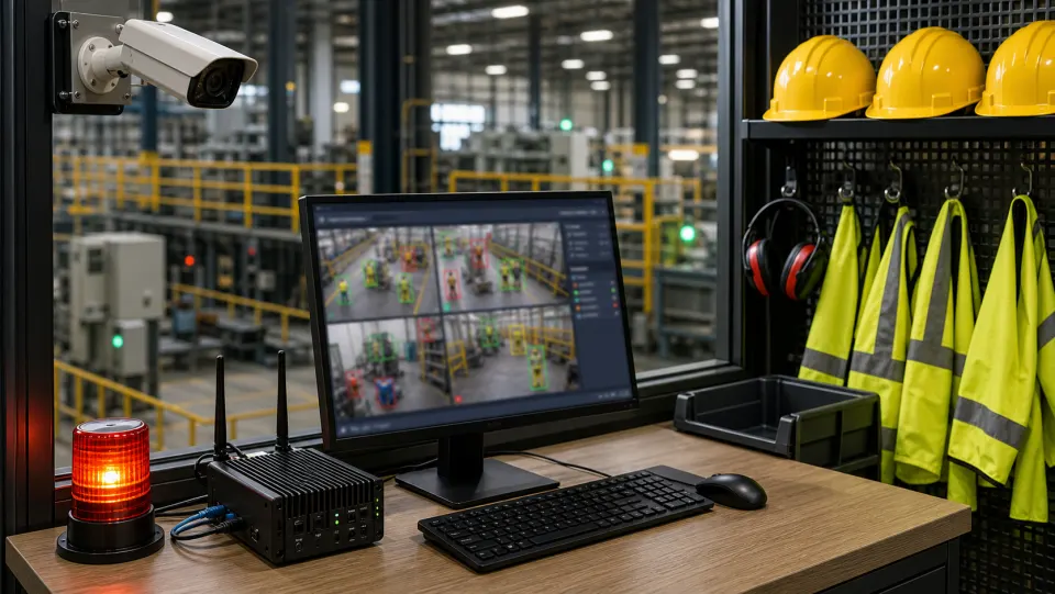 Industrial safety video analytics devices with CCTV camera, edge AI box, PPE station, and monitoring screen