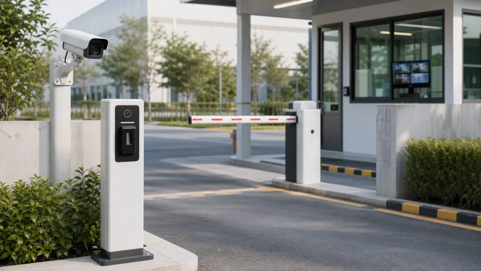 Vehicle access barrier, license plate camera, intercom, and RFID reader at a secure facility entrance