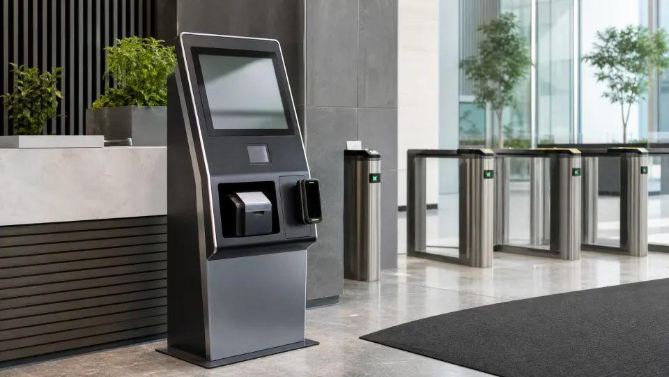 Visitor management kiosk, QR scanner, badge printer, and turnstile access devices in an office lobby