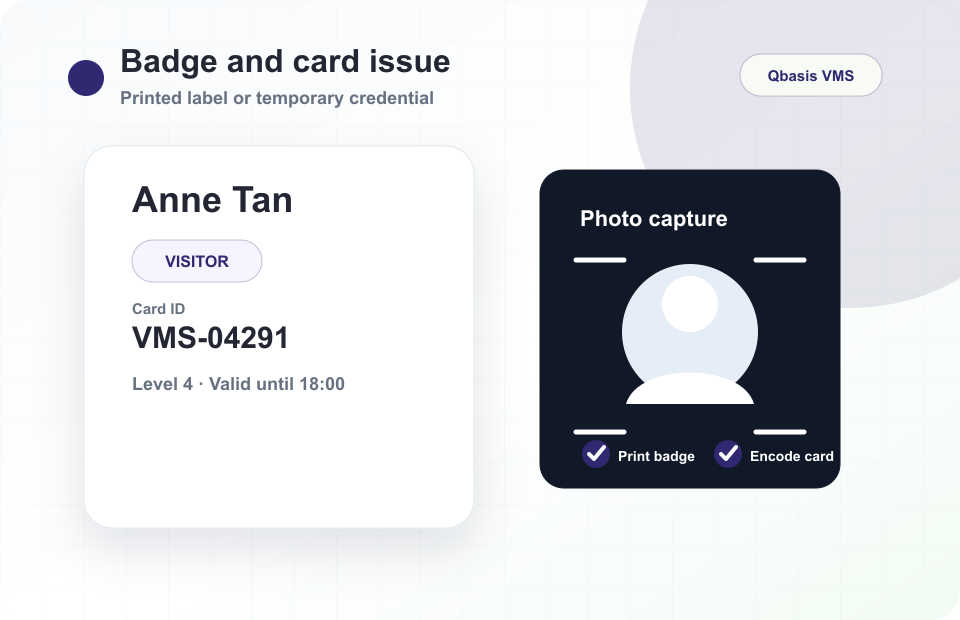Simplified visitor badge and card issue UI showing badge ready state