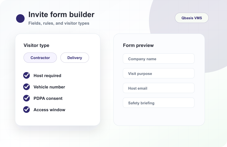 Simplified visitor invite builder UI showing visitor type host and access window fields
