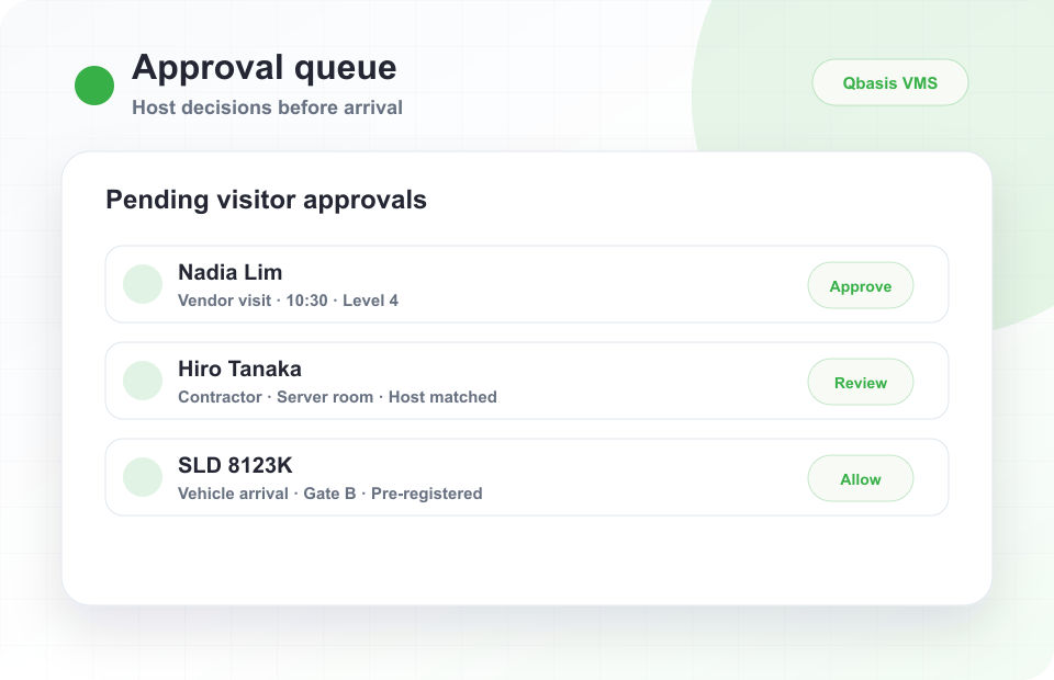 Simplified visitor approval queue UI showing pending visitor approval checks