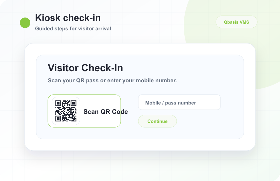 Simplified kiosk check-in UI showing QR scan and visitor confirmation steps