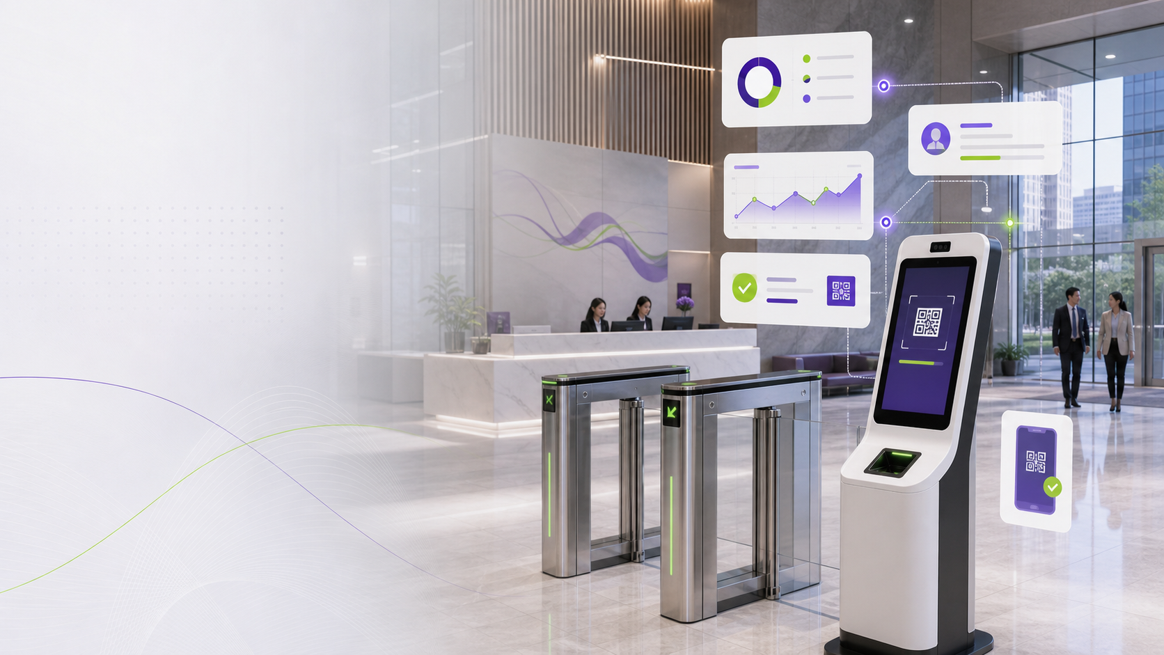 Enterprise visitor management hero graphic with kiosk, QR check-in, access gate, and dashboard panels