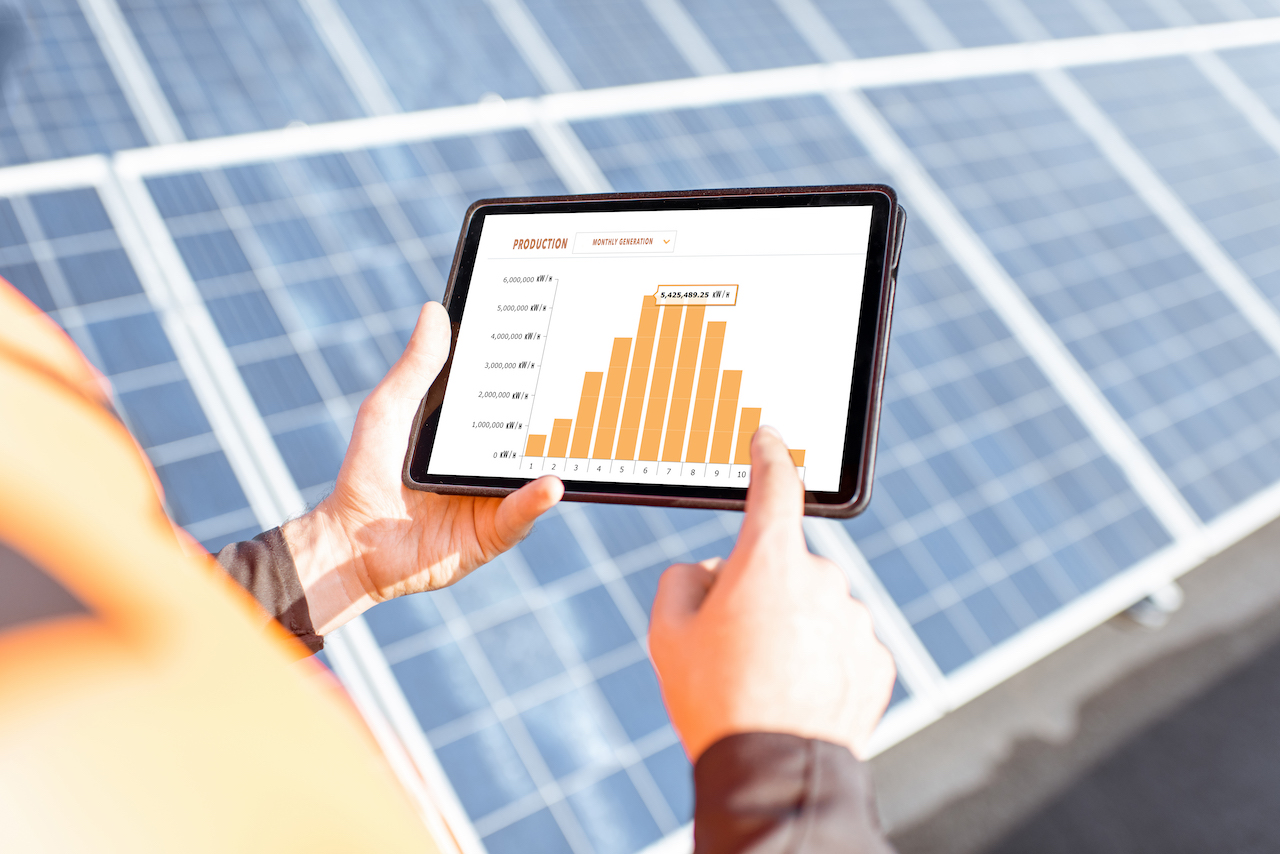 An energy management system ISO 50001 approved with digital bar charts report.