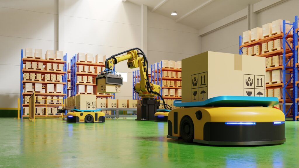 Factory Automation with AGV and robotic arm in transportation to increase transport more with safety.3D rendering