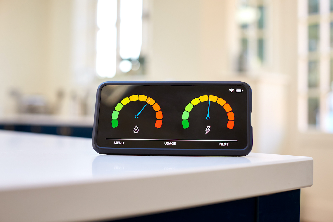 Smart Energy Meter In Kitchen Measuring Consumption Of Domestic Electricity And Gas